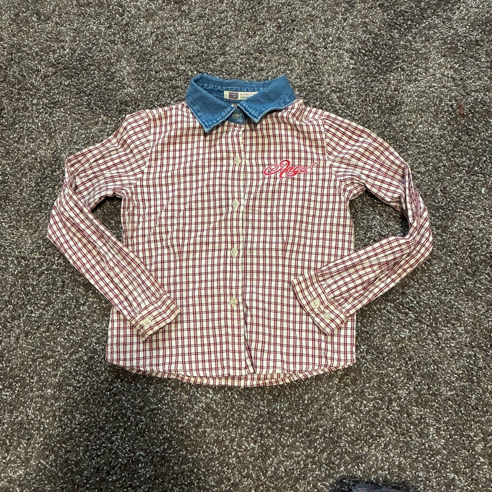 Faded Glory Girls 7/8 Plaid Button Down Shirt Denim Collar Western Style Sz 7/8